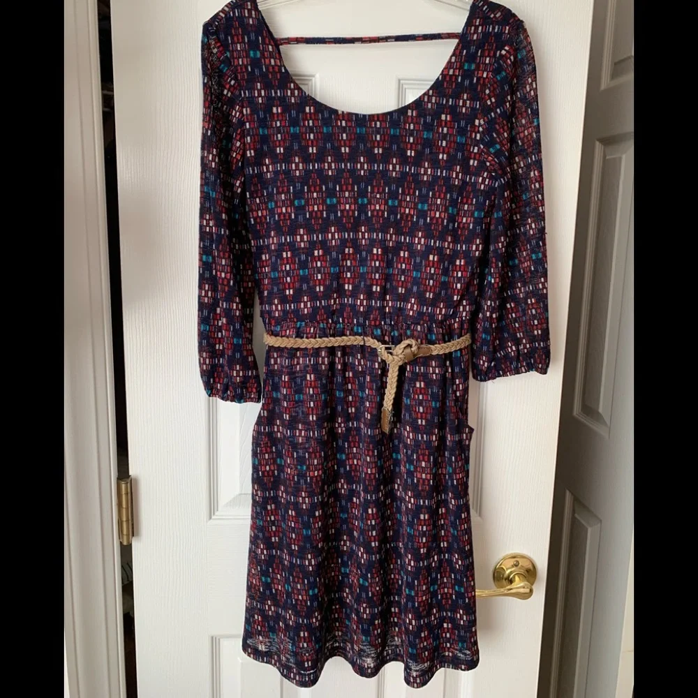 Red Camel Dress Juniors S Blue Fit & Flare Belted 3/4 Sleeve Scoop Back
